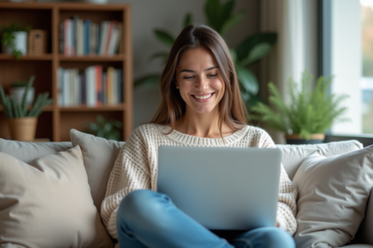 Femme souriante utilisant un ordinateur pour comparer des assurances
