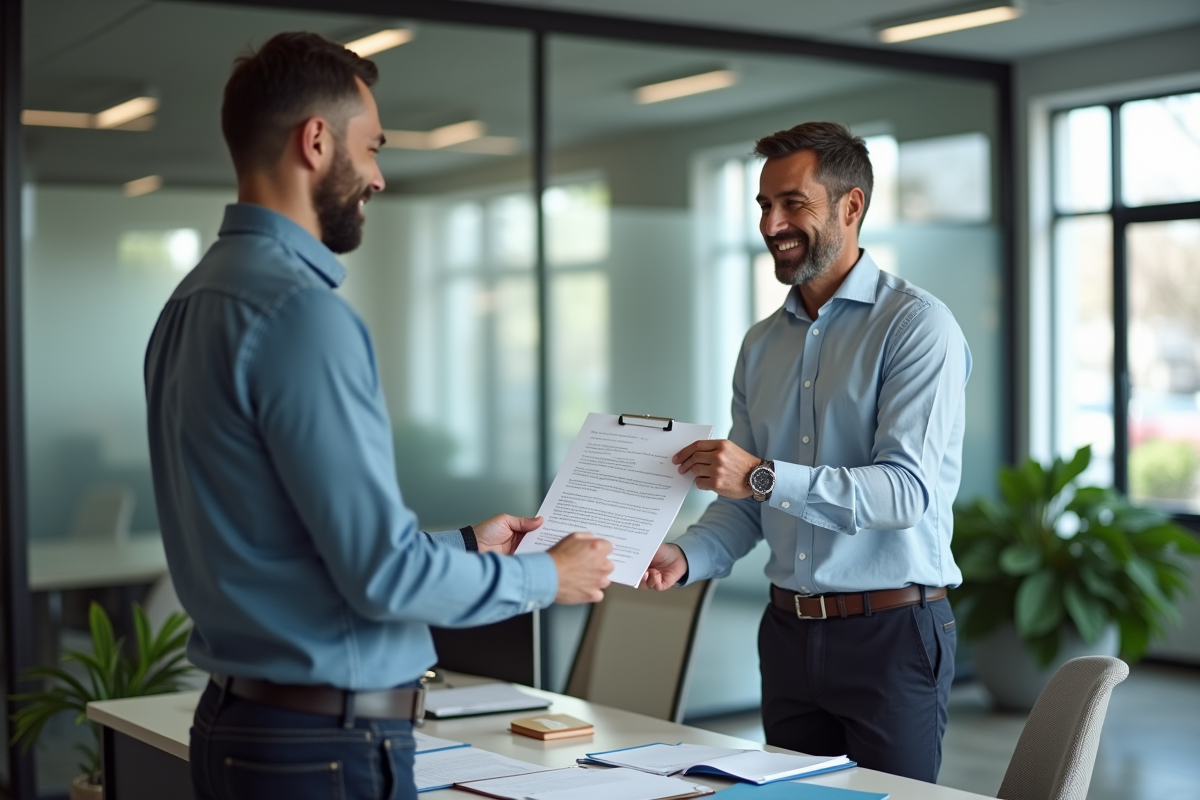 Gestionnaire immobilier remettant une attestation locative au locataire