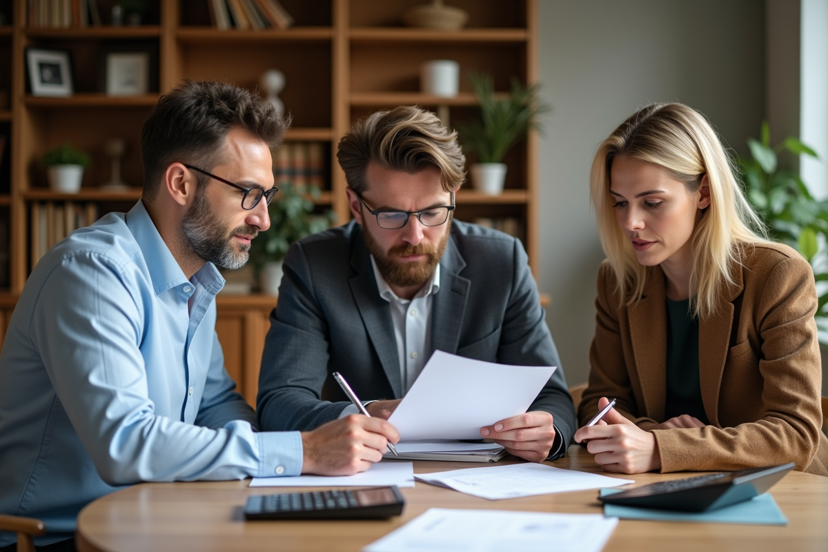 Trois adultes autour d'une table avec documents et calculatrices