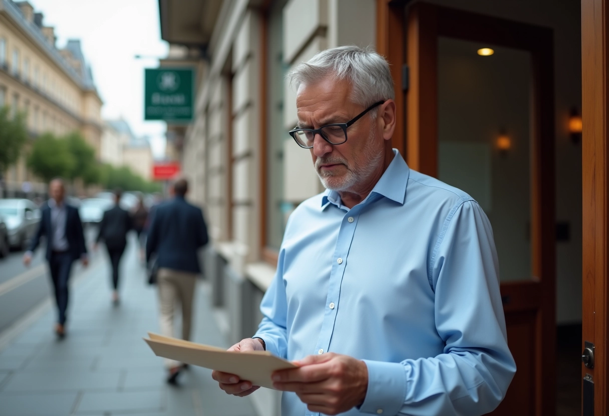 Homme regardant une enveloppe devant une banque en ville