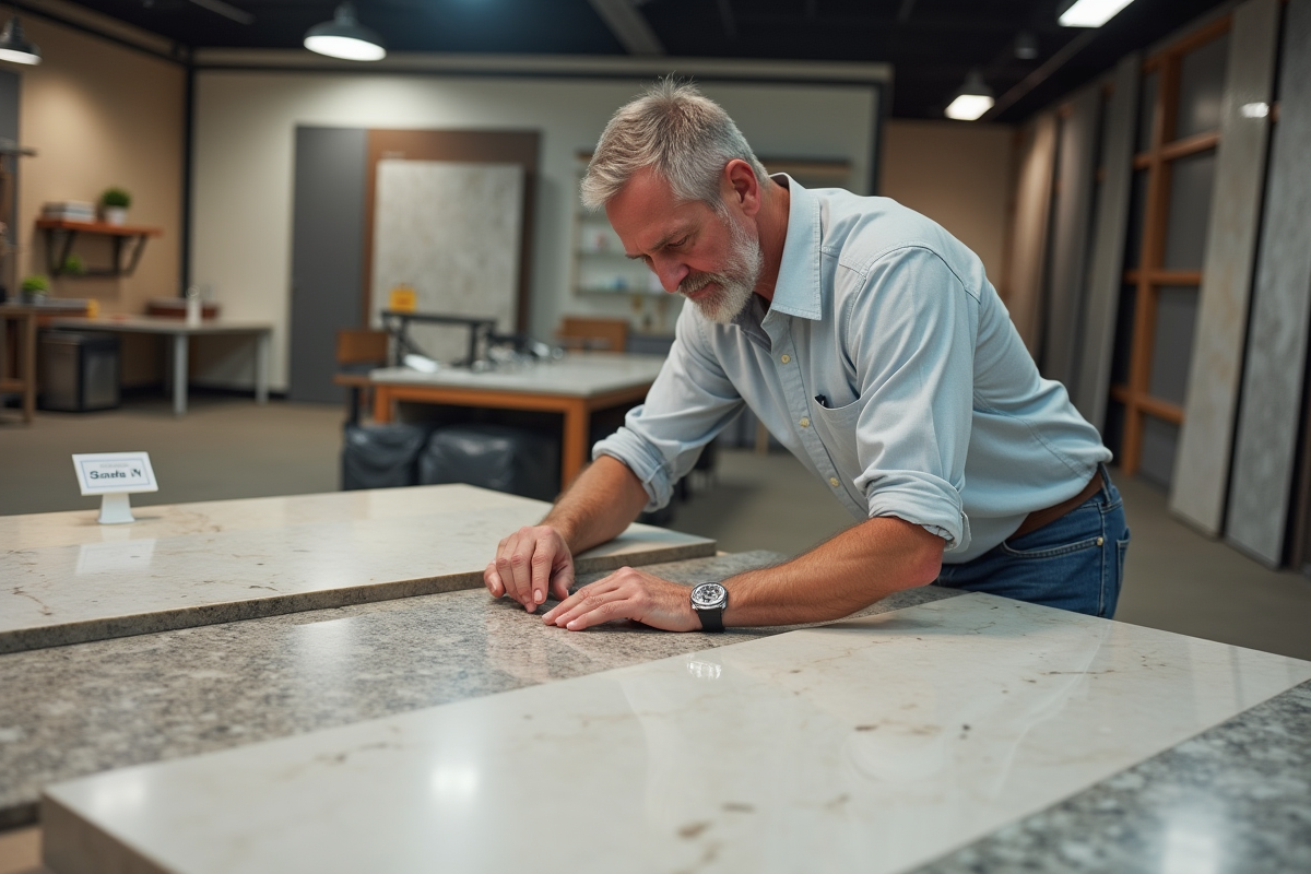 Homme dans un showroom de comptoirs regardant des échantillons de pierre