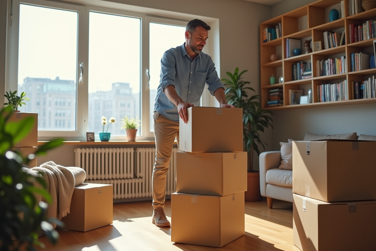 Homme arrangeant cartons dans appartement lumineux
