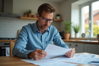 Homme en train de revoir ses factures de renovation dans une cuisine moderne