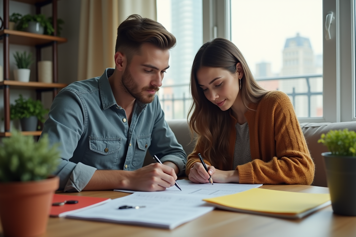 Jeune couple discute et remplit un contrat de location dans leur salon