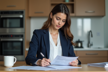 Jeune femme lisant un contrat de location dans une cuisine moderne