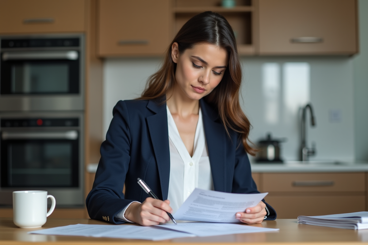 Jeune femme lisant un contrat de location dans une cuisine moderne