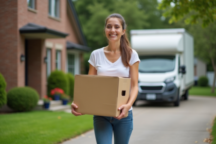 Jeune femme souriante avec carton devant maison