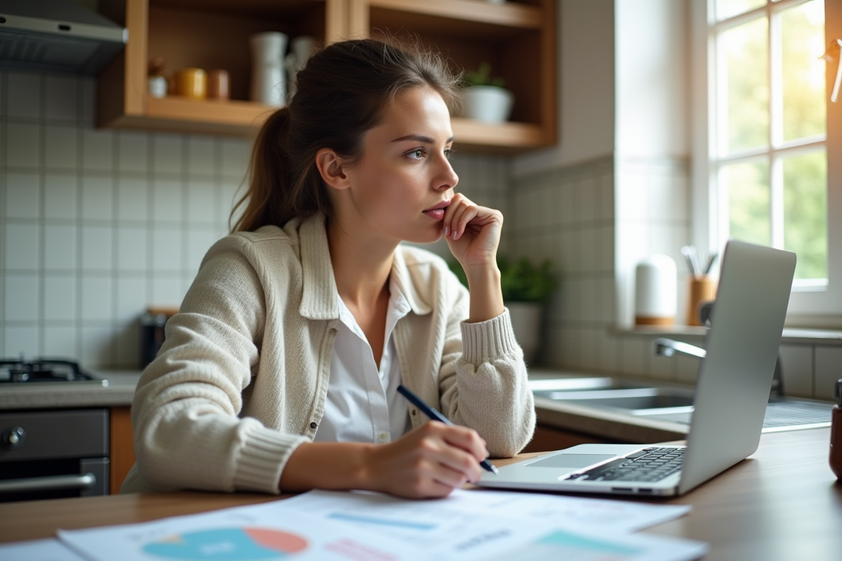 Jeune femme au bureau avec formulaire fiscal et ordinateur