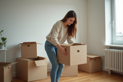 Jeune femme déballant de la vaisselle dans un appartement neuf