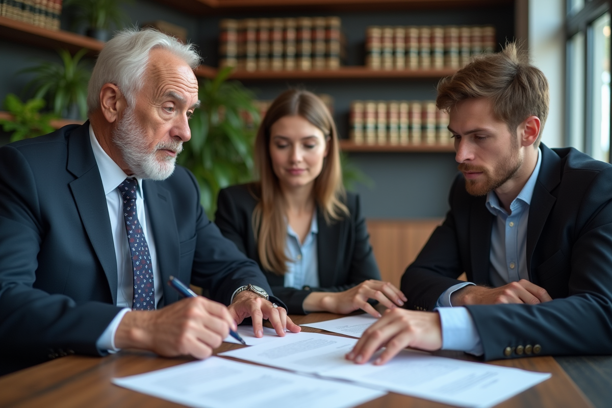 Notaire en costume expliquant des formulaires de copropriete a un couple