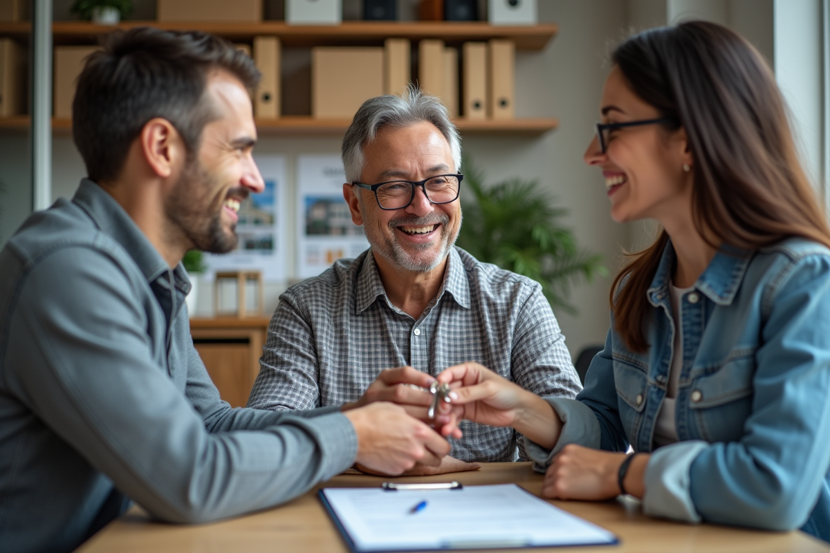 Homme remettant des clés à un couple dans une agence immobiliere