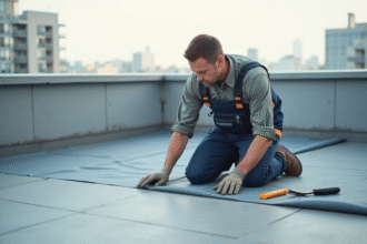 Technicien en overalls posant sur un toit moderne en train d'installer une membrane