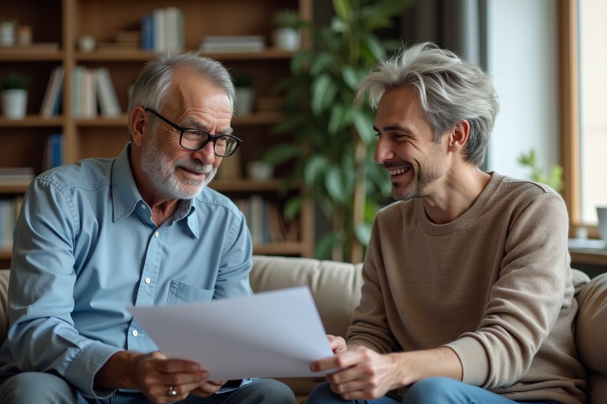 Homme plus âgé discutant avec un locataire dans un salon chaleureux