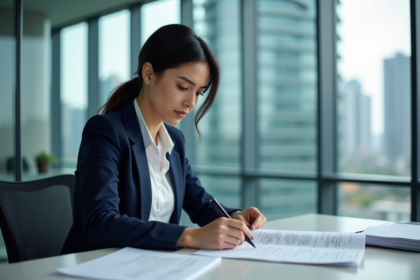 Femme d'affaires lisant des documents dans un bureau moderne