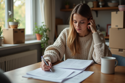 Femme remplissant un formulaire de changement d'adresse à la maison
