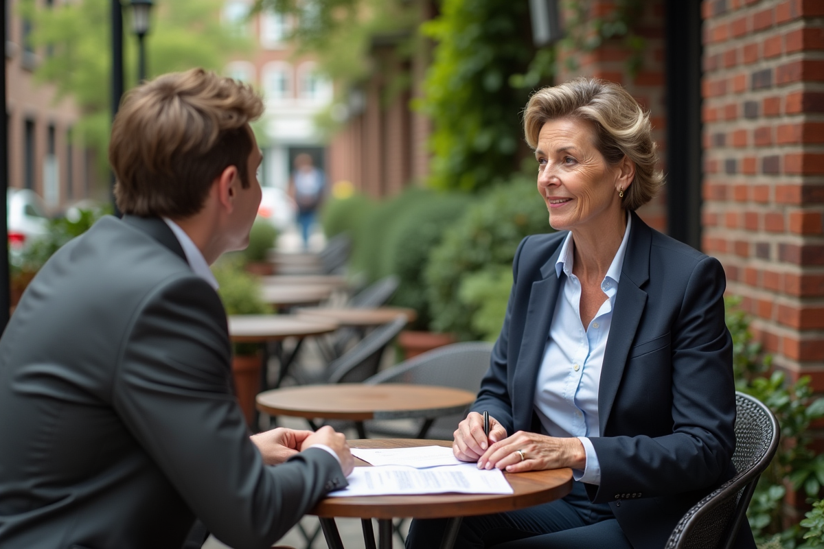 Femme discutant avec un agent immobilier en terrasse