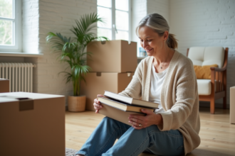 Femme emballant des livres dans une pièce lumineuse