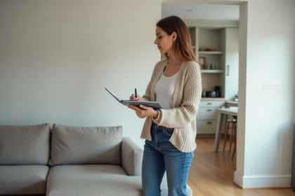 Femme en train d'évaluer un salon moderne pour une location