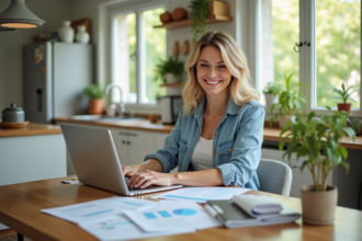Femme souriante vérifiant ses contrats d'assurance à la maison