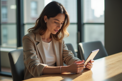 Femme confiante regardant des annonces immobilières sur une tablette