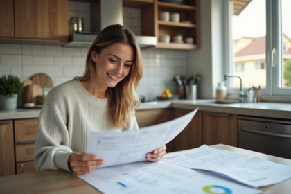 Femme examine plans de renovation et documents de pret