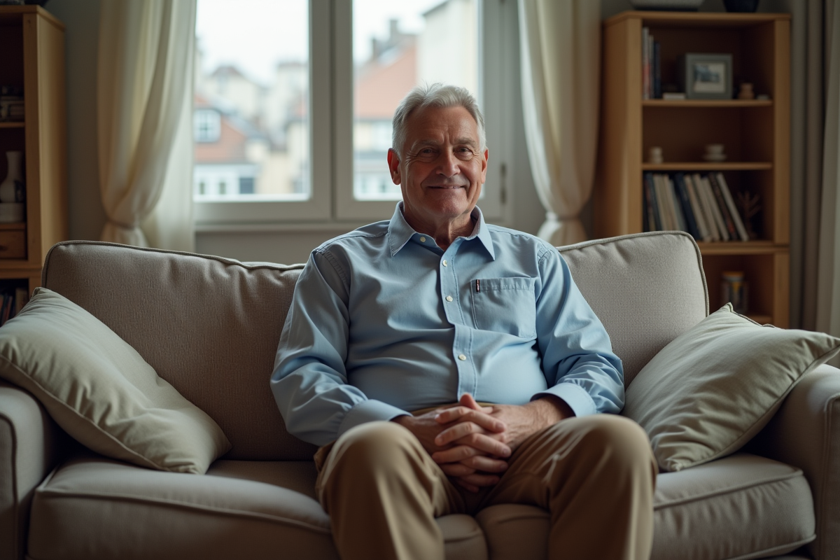 Homme détendu assis sur un canapé dans un appartement urbain