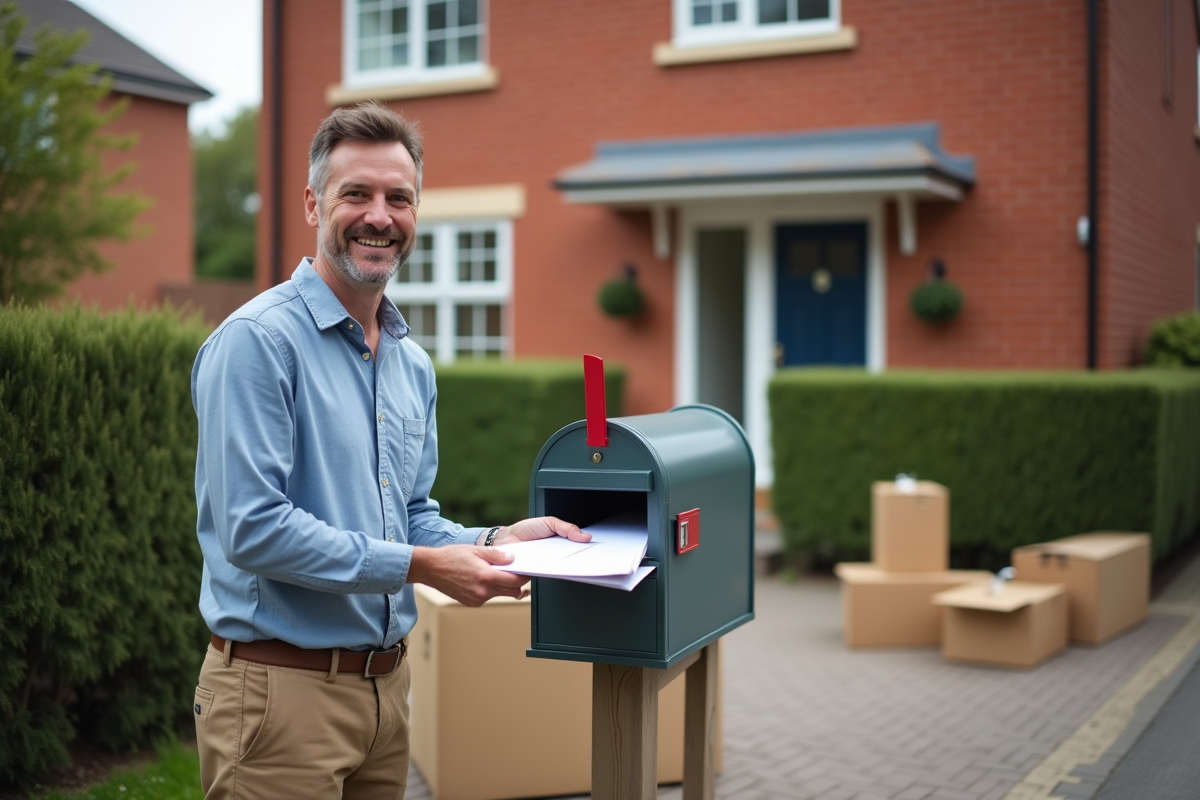 Homme déposant des enveloppes dans une boîte aux lettres devant une maison
