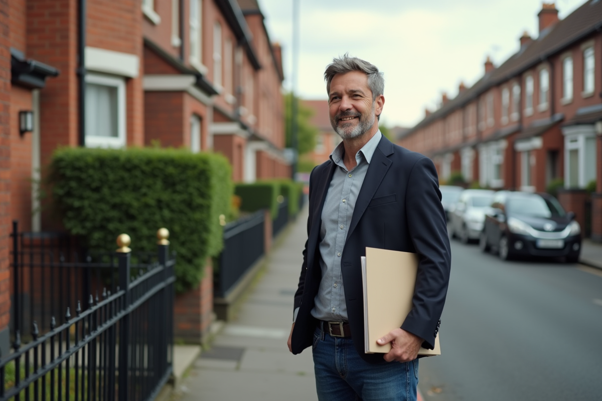 Homme inspectant une petite résidence dans une rue calme