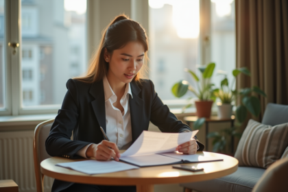 Jeune femme en tenue professionnelle examine un contrat de location dans un salon lumineux