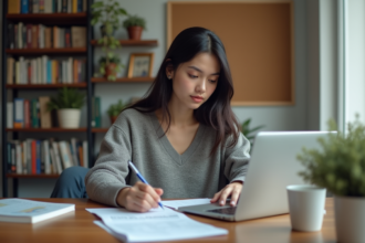 Étudiante de 21 ans remplissant ses formulaires fiscaux à son bureau