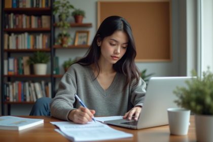 Étudiante de 21 ans remplissant ses formulaires fiscaux à son bureau
