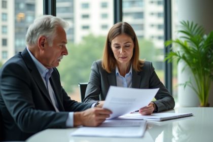 Femme et homme d affaires examinant des papiers d assurance dans un lobby lumineux