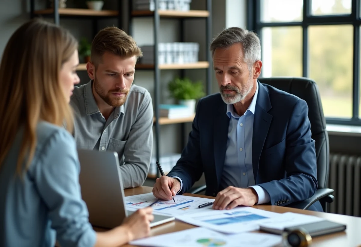 Agent immobilier en réunion avec un couple pour évaluation immobilière