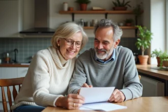 Couple français souriant examinant documents d'assurance maison