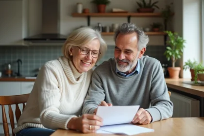 Couple français souriant examinant documents d'assurance maison