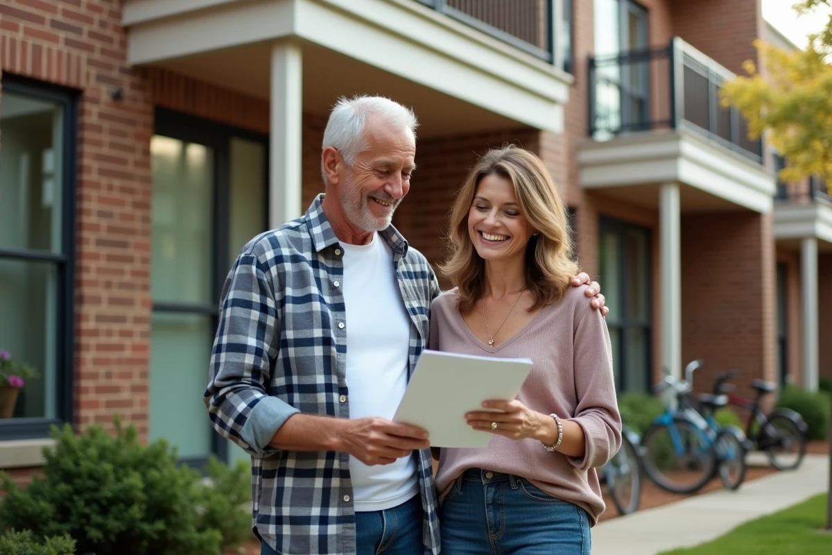 Couple discutant devant un immeuble résidentiel en extérieur