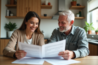 Couple d'adultes souriants lisant des documents dans la cuisine
