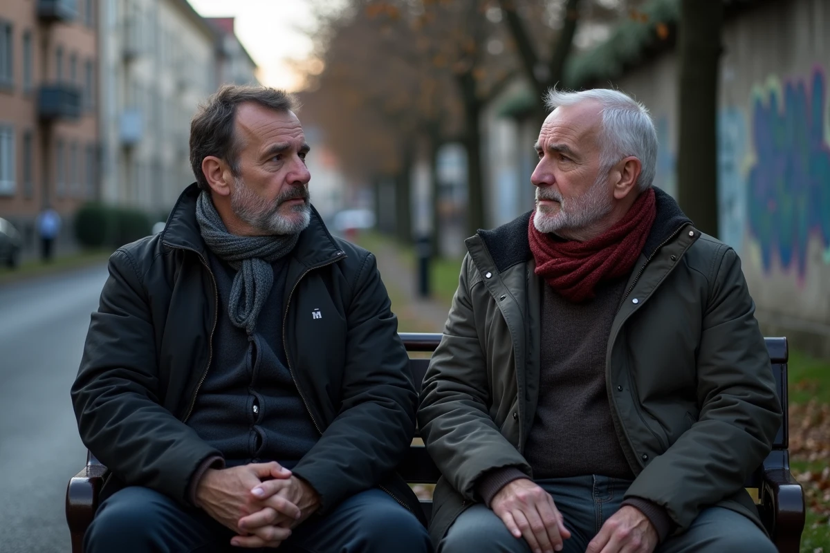 Deux hommes discutant sur un banc à Chambéry au crépuscule
