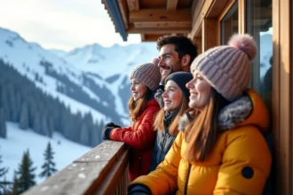 Famille souriante sur le balcon d’un chalet alpin enneige