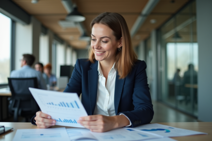 Femme d'affaires analysant des graphiques financiers dans un bureau moderne
