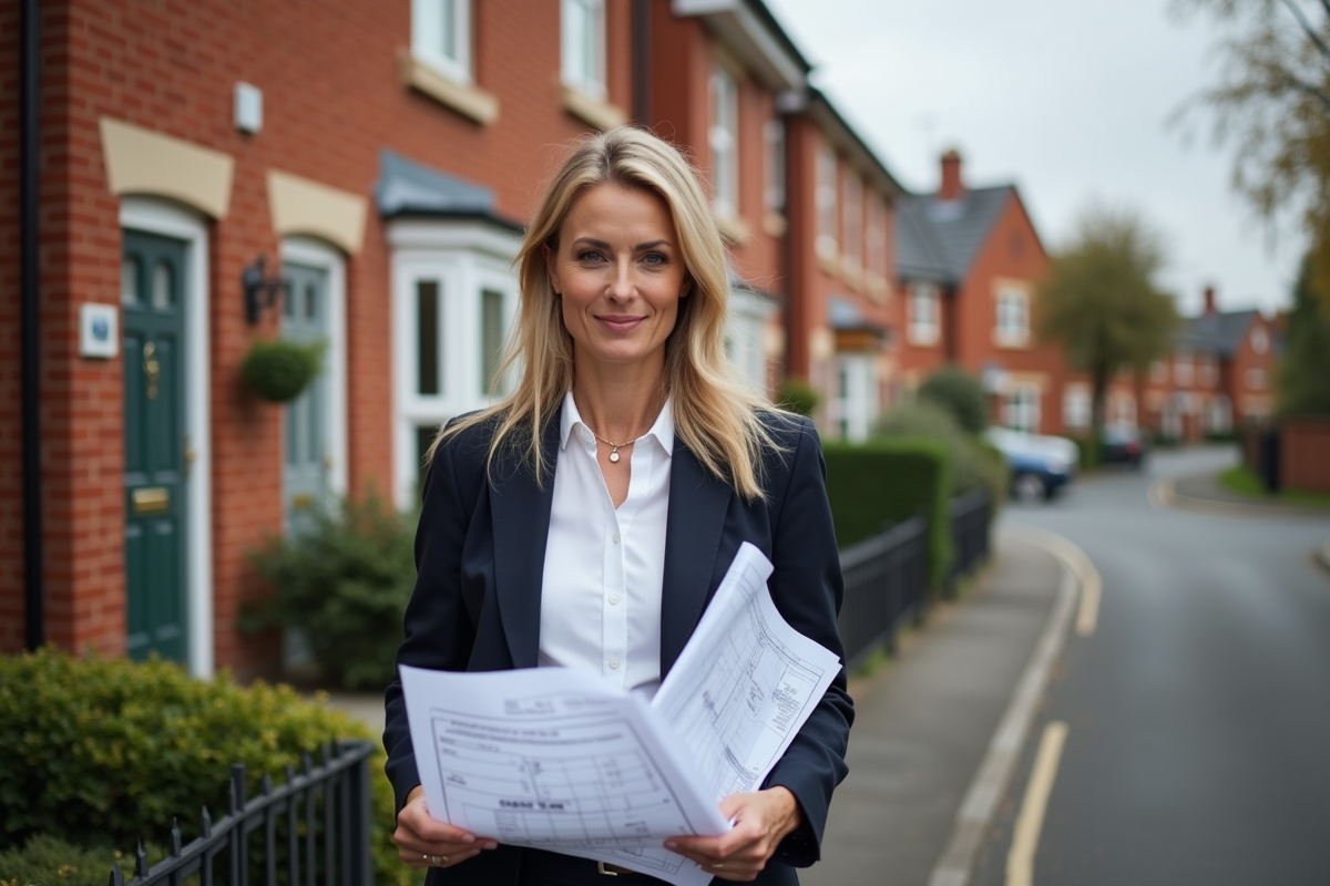 Femme professionnelle tenant des plans devant une maison en renovation