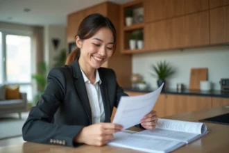 Femme d'affaires dans une cuisine moderne en train de lire des documents