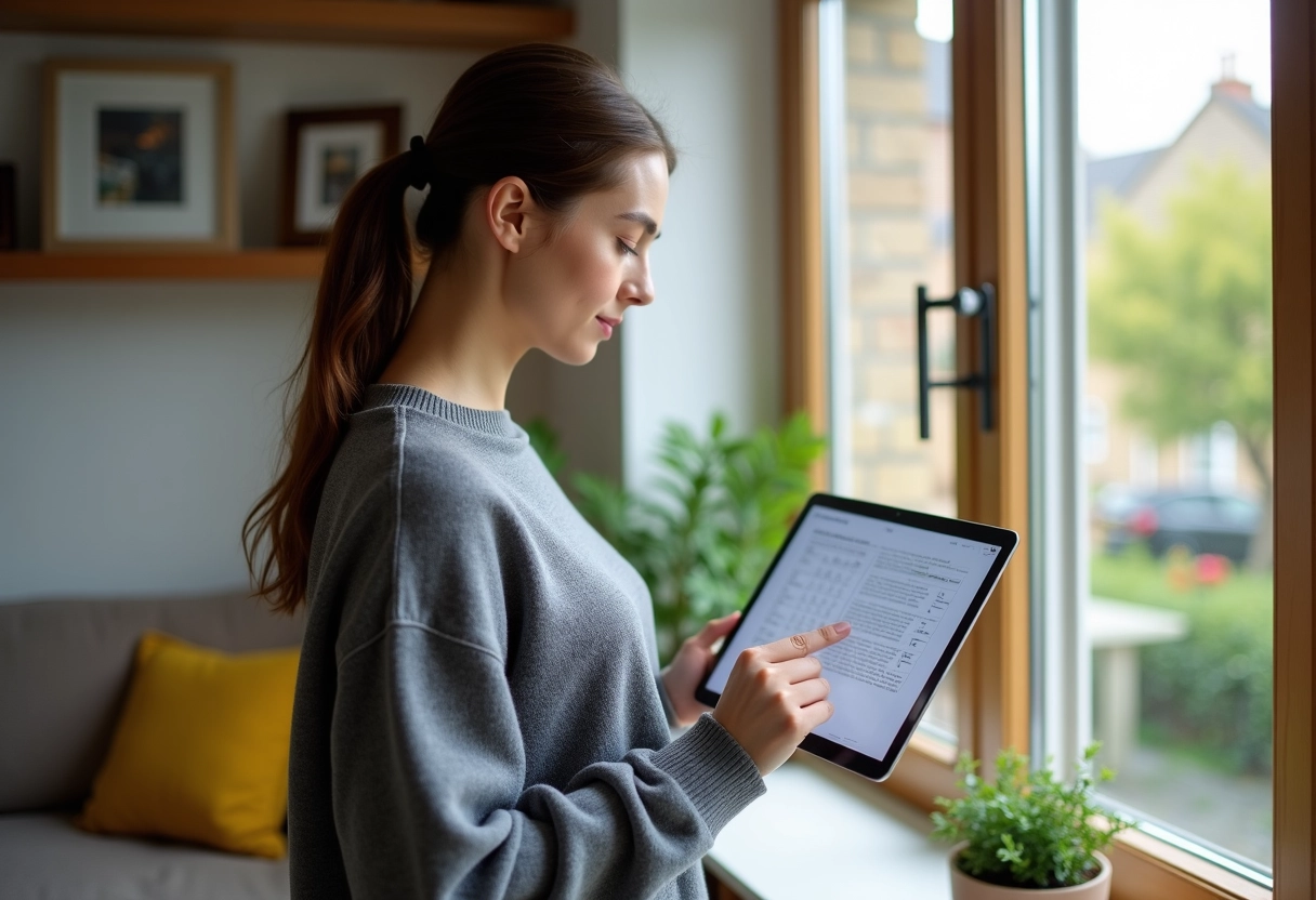 Jeune femme étudiant un rapport immobilier dans son salon
