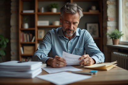 Homme d age moyen triant des papiers dans un appartement moderne
