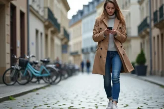Jeune femme marchant dans un square à Chambéry avec téléphone