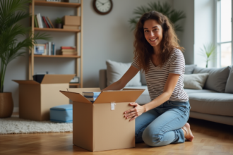 Jeune femme emballant des livres dans un appartement moderne
