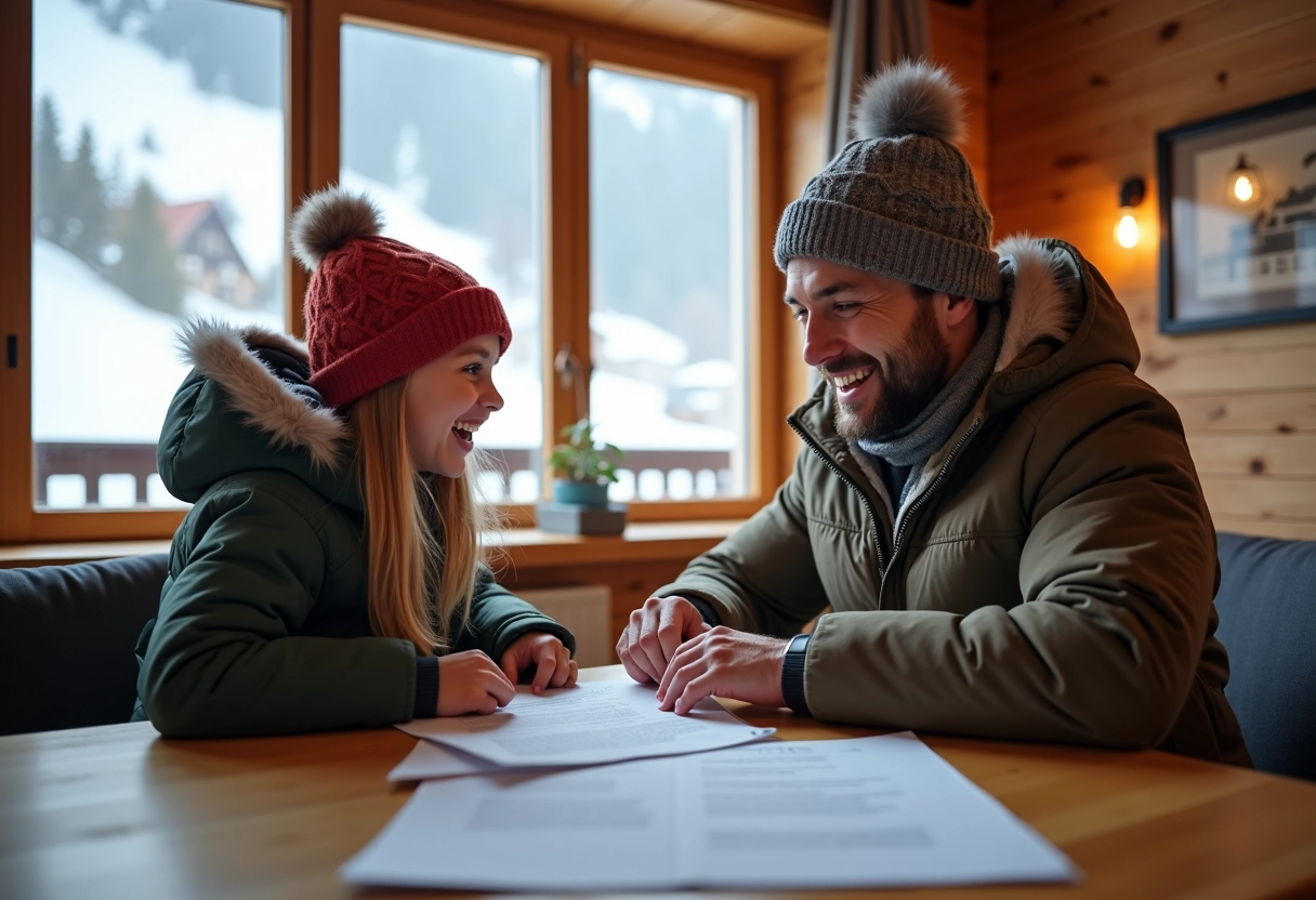 Père et fille discutant de documents dans un intérieur cosy