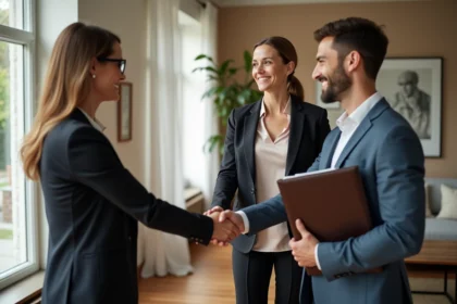 Agent immobilier souriant avec couple dans salon lumineux
