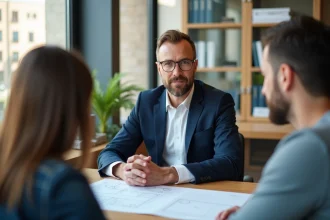 Consultant immobilier en réunion avec un couple à Lyon