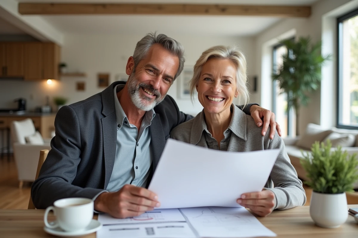 Couple souriant plan maison dans un salon moderne
